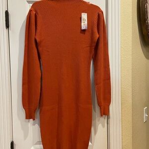 Orange Ribbed Knit Sweater Dress
